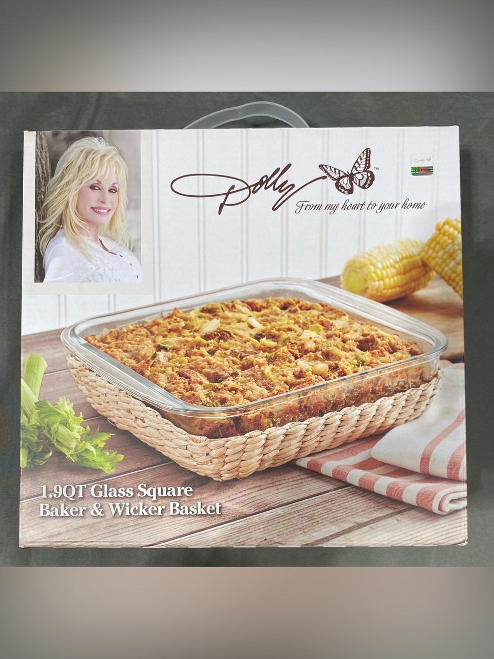 Dolly 1.9QT Clear Glass Square Baker with Natural Wicker Basket